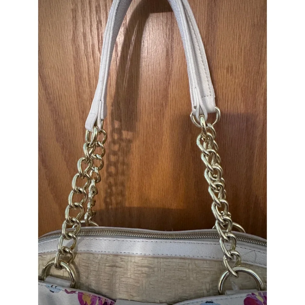 Betsey Johnson XOX Betsey Straw Satchel Floral Bow Handbag Gold Chain Handles
